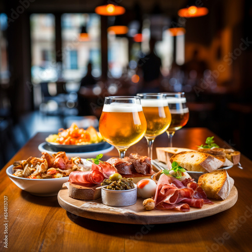 AI generated: Aperitif with beer and tapas at a bar table. Cold beer and Mediterranean cuisine.