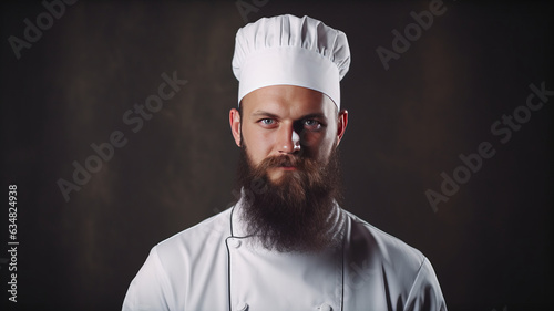 Serious cook in white uniform, chef hat. Portrait of a serious chef cook.