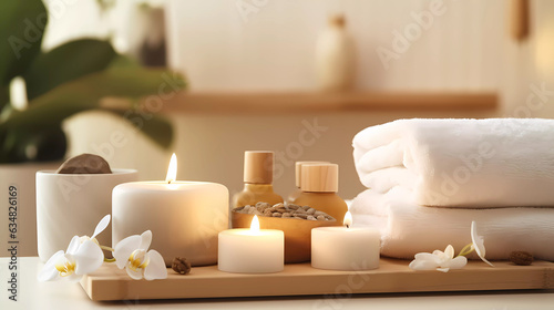 Spa accessory composition set in day spa hotel, beauty wellness centre. Spa product are placed in luxury spa resort room, ready for massage therapy from professional service.