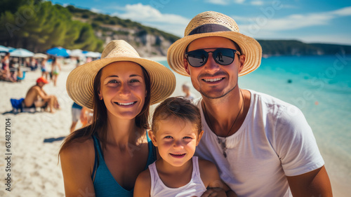 Smiling family in hats on the beach. Family vacation on the Ionian coast.