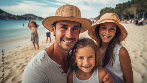 Smiling family in hats on the beach. Family vacation on the Ionian coast.generative ai