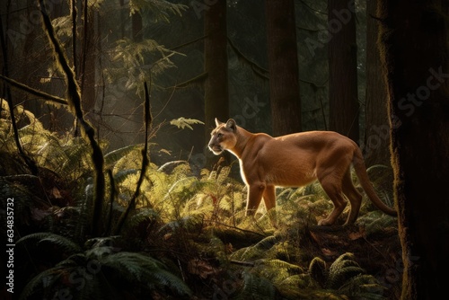 Majestic puma on alert in the lush forest., generative IA