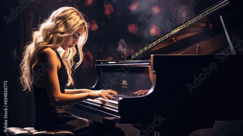 Amazing blonde girl playing black piano. Generative AI