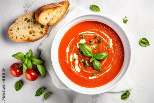 Bowl of hot tomato soup. Healthy vegetarian dish of roasted tomatoes with garlic and basil. Mediterranean cuisine. Top view.