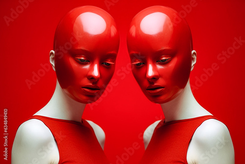 Deux têtes de femme portant un masque rouge - Concept de la double personnalité, de la dissimulation, des jumeaux et jumelle, de l'image de soi - Générative ia