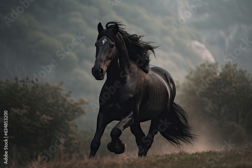 Black horse galloping in countryside. Majestic and free., generative IA