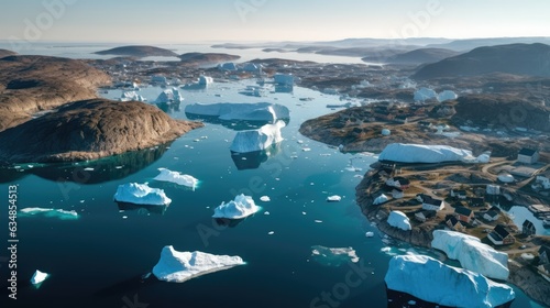 Drone aerial photograph of icebergs depicting global warming and climate change.