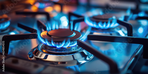 Kitchen gas stove burner with blue flame transparency. Horizontal banner with burning gas stove burner on the kitchen stove. Economic crisis, the cost of gas rising. 