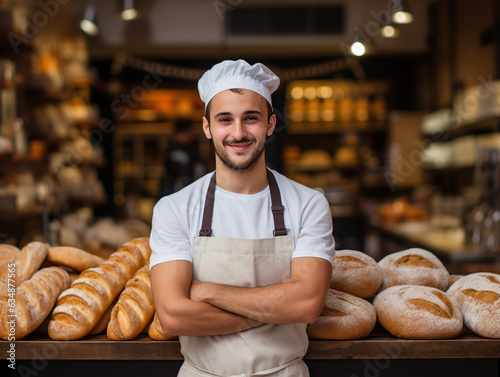 Male baker in uniform in his bakery, showcase with fresh bread