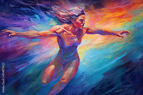 Painting of athletic woman ice skating, generative ai