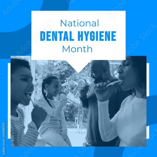 Composite of national dental hygiene month text over biracial parents and children brushing teeth
