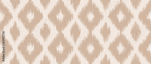 Seamless beige ikat pattern. Ethnic diamond monochrome repeating background. Ornamental tribal fabric and textile swatch print design. Vector light brown asian folk abstract wallpaper