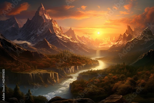 Capture the tranquility of a majestic mountain range as the sun rises, Generated with AI