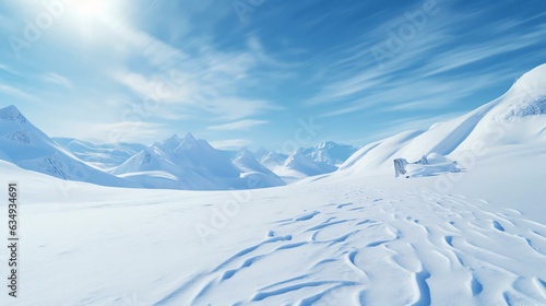 a snowy landscape with mountains in the background