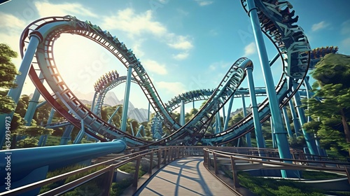 a roller coaster with trees and blue sky