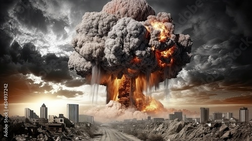 A massive mushroom cloud forms from a nuclear atom bomb explosion. (Generative AI)