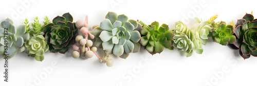 minimalist modern banner or header with succulent plants on a white surface with lots of copy space for your text - top view / flat lay