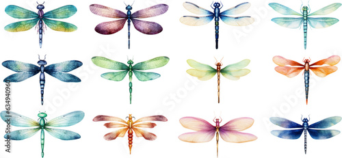 Set of watercolor dragonflies on white background. Generative AI