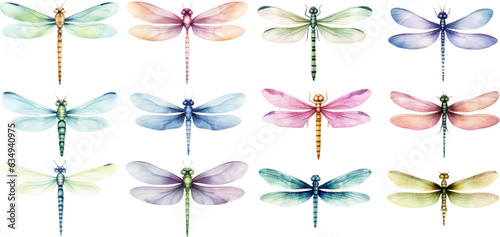 Set of watercolor dragonflies on white background. Generative AI