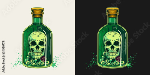 Hand drawn bottle of green poison with human skull, eyeballs, mushrooms inside. Halloween creepy illustration in vintage style