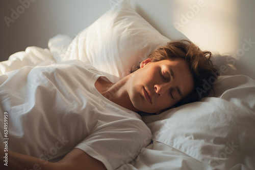 man sleeping in a bed alone early in the morning