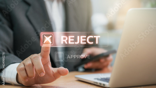 Businessmen point to tick correct sign mark in checkbox for reject quality document and project control. Excellence in document correction, ensuring quality and ISO certification for top Service