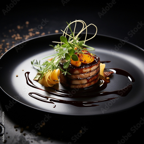 food elegant expensive dish plate dark black gourmet dinner chef, AI generator