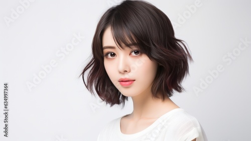 Asian women hair model, bob cut hair style on white background.