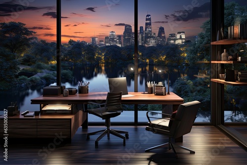 Working space in modern office at night with city view