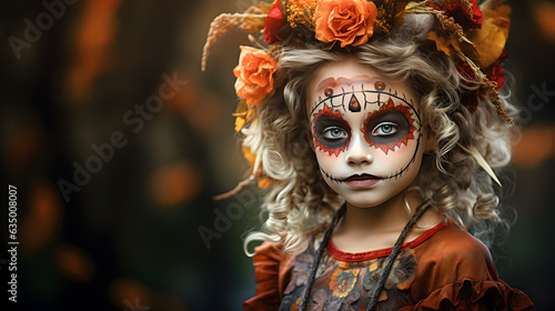 Child in Day of the Dead makeup with autumn flowers.