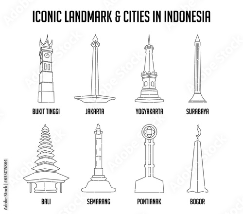 Iconic landmark and the cities in Indonesia. Outline landmark of Bukit Tinggi, Jakarta, Yogyakarta, Surabaya, Bali, Semarang, Pontianak and Bogor. 