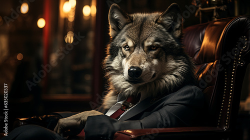 Boss wolf in business suit on dark background, concept of stock trading and company management