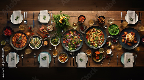 Table with food. The table is set for the festive dinner. Top view. A set of dishes and drinks.