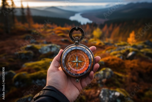 Close-up of a persons hand holding a compass - stock photography concepts