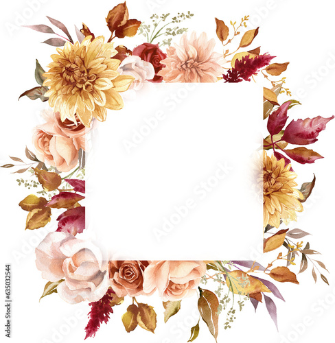 Autumn floral square frame PNG. Fall wreath. Rusty flowers border. Terracotta wedding. Thanksgiving card