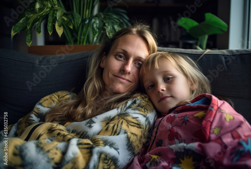 Mother and daughter lying on the couch at home