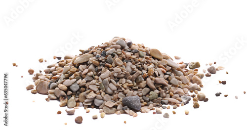 Pile colorful rounded sea pebbles and sand, rocks isolated on white