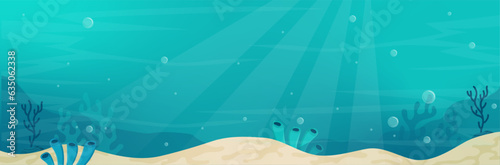 Fond marin - Arrière-plan - Bannière vectorielle éditable - Monde marin - Illustrations autour de l'océan, de la mer - Vagues et bulles - Eau, sable et vie marine - Bleu