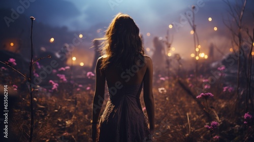 A wild flowers field, night, stars, horror, fog, mist, nostalgic, back view of a woman in long black dress, brown hair, standing toward à strange light,