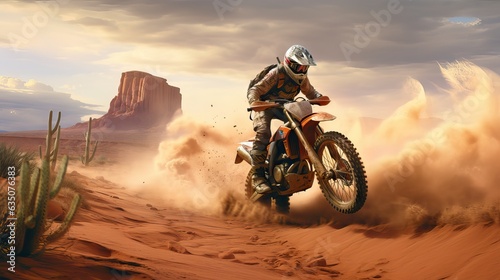 A determined motocross rider accelerating on a dirt track, kicking up dust and gravel as they push for victory. Generative AI