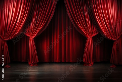 scene background, red curtain on stage of theater or cinema slightly ajar