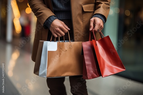man in beige colored coat autumn clothes on a shopping spree in the city holding several paper bags