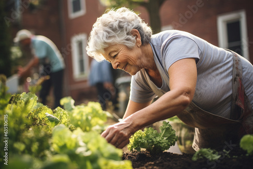 The elderly woman participating in a community gardening project, her sense of purpose and community shining through 