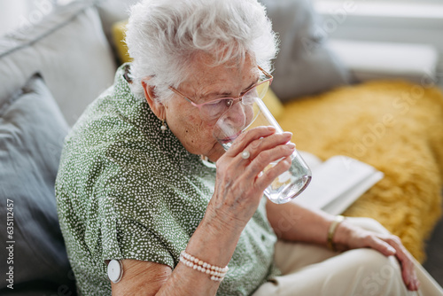 Diabetic senior patient using continuous glucose monitor to check blood sugar level at home.