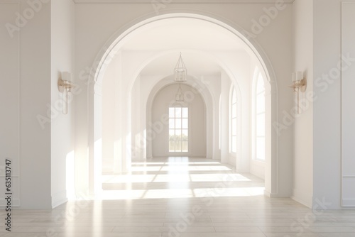 The grand hallway with its intricate arched windows, warm wood floor, and elegant columns creates a sense of timelessness and awe, perfect for admiring the stunning architecture and fixtures within