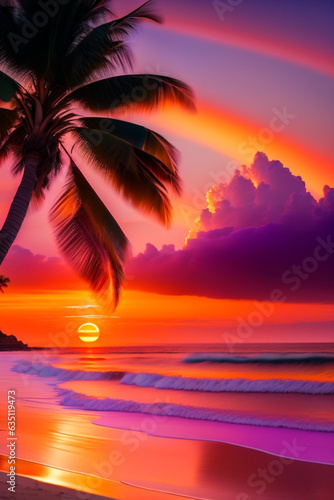 Sunset on the Tropical Beach On the golden sandy beaches, the setting sun paints the sky in shades of orange, pink and purple. Gentle waves kiss the shore, reflecting golden rays. Coconut trees gent