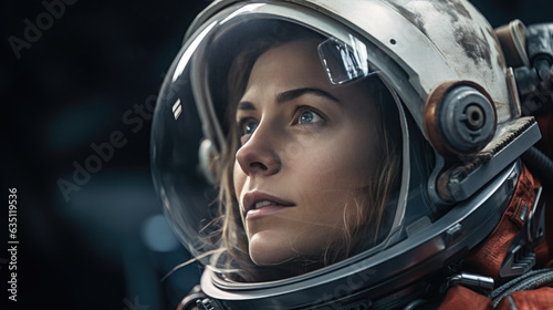 Portrait of a female astronaut in a protective spacesuit