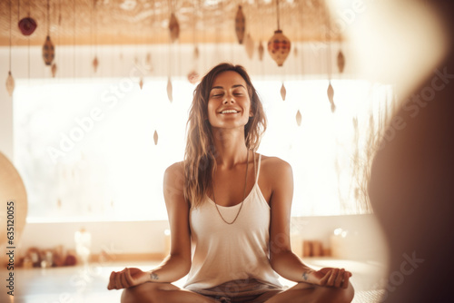 Portrait of happy and smiling yoga teacher in yoga retreat on Ibiza island