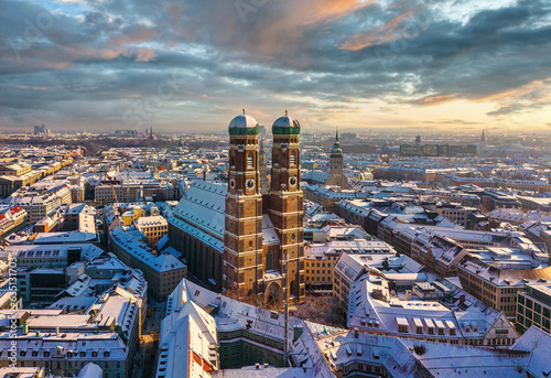 Aerial view of the Frauenkirche during winter in Munich, Germany