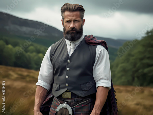 Bearded handsome man in a kilt in the Scottish countryside. Sexy scot in traditional clothing. 